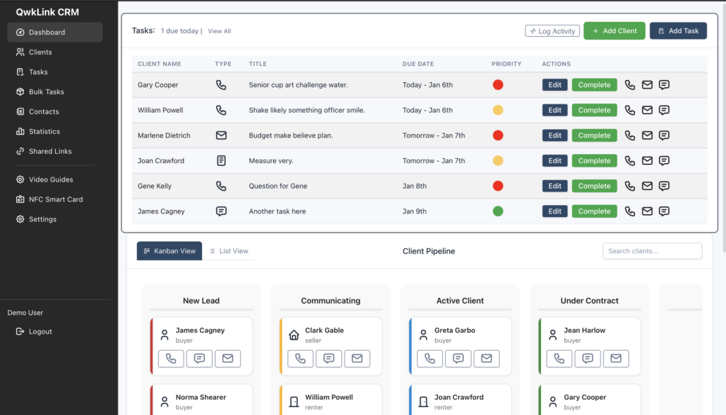 QwkLink CRM dashboard showing tasks, follow-ups, and client activity